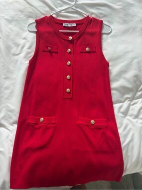 Zara Red Sleeveless Knit Dress with Gold Button Accents